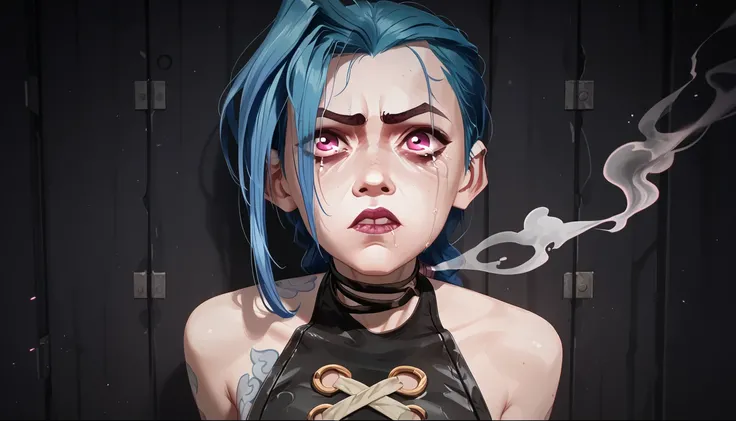 snucleus_9,snucleus_8_ top,nucleus_7_ top,Jinx, in a mystical style  ,1girls , pink tears,  cries,  Sad face , upset , dark room,  ruined room, darkness, glowing pictures on the walls,  purple-pink eyes , blue hair, бра visible through  clothes  , breast, ...