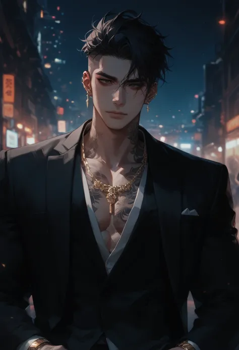  adult male  ,   black suit 、An all-back, dark-haired  ,  1 boy at night,   BLACK EYES,  Male Intensive ,   anime style ,   handsome, Dark city background ,  Hazy atmosphere ,  tattoo,  Gold Watches,  Korean Style ,   with a bleak expression , Yakuza