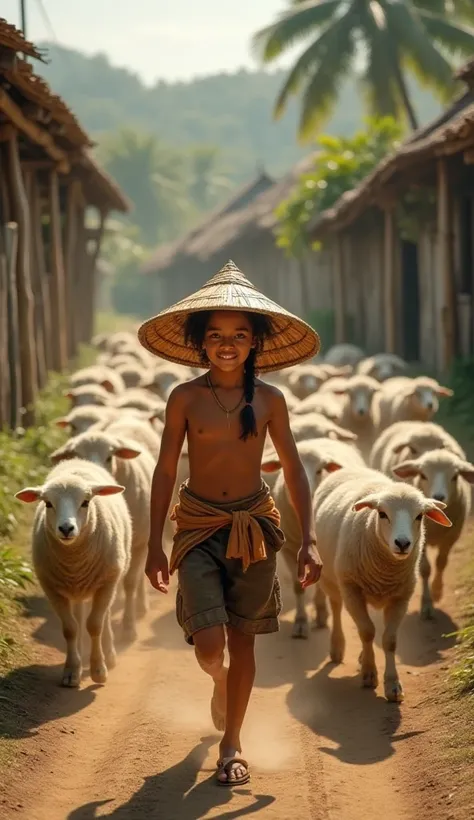 A village youth, of Indonesian blood, wearing a hat made of woven bamboo, herds sheep back to the pen.