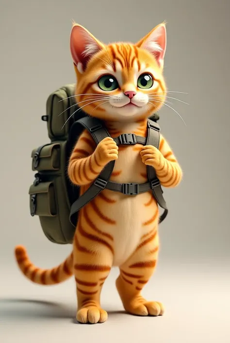 Orange cat standing with 2 legs, shoulder strap, backpack