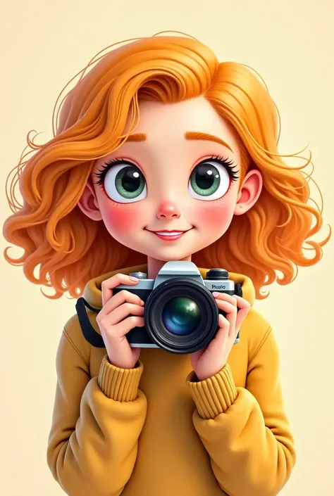 Create a cartoon-style image of a fair-skinned, curly-haired, medium-eyed blond young woman, From the front holding a camera .