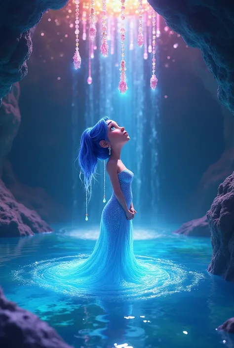 Inside Out 2's colorful, there is a dreamy ocean in a cave with lots of memory beads .  On the ceiling of the cave, beads are continuously pouring over the water on a brilliant waterfall. .  At the center of the water, there is a shape of a goddess whose e...