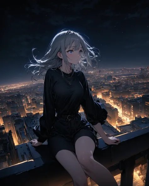  best quality, Super Fine, 16k,  INCREDIBLE HIGH DEFINITION,  extremely detailed outdoors, Rooftop of a building、 casual outfit、An adult woman looks into the distance、 charming face、 side angle、 night view(Spectacular views:1.1)、wind effect、 sitting on a r...