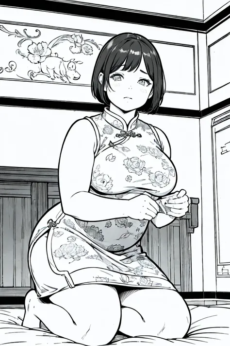 a chubby middle aged female sexual slave, Kneel down and obey，do sexual service，overweight body, thick arms and thighs, boyish very Short hair，wearing Sexy dress with cow pattern, inside a Chinese palace bedroom