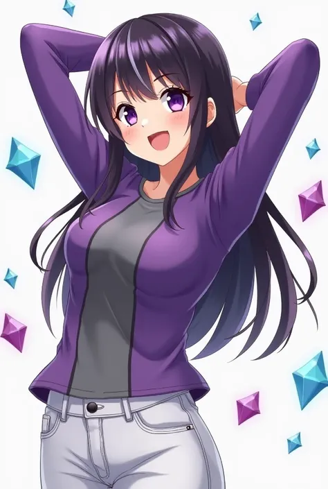 White woman with long hair,  dark purple color , violet eyes,  smiling but with a defiant look, long sleeve purple shirt with a large vertical gray stripe in the center, white jeans pants, with diamond-shaped prisms surrounding it, with one arm raised as m...