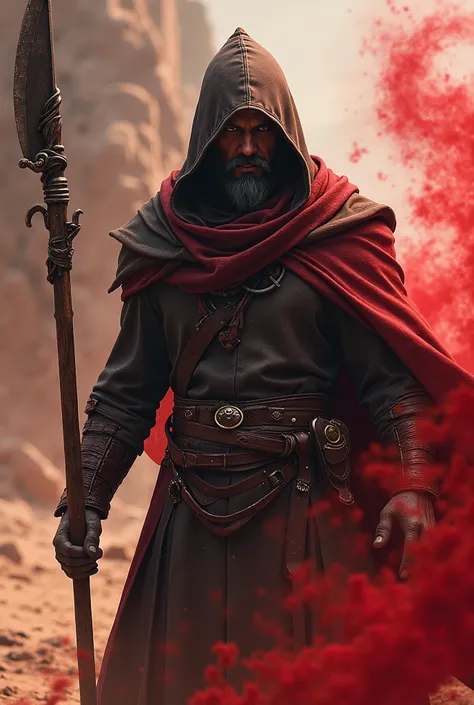 hooded male mage in a fantasy rpg setting, wearing leather light armor, holding an iron magic staff with a blade on top and surrounded by red ethereal smoke, detailed facial features, blood spilled on clothes and face, intense gaze, dramatic lighting, cine...