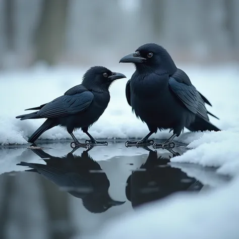 Create a photorealistic image that showcases the essence of fantastic realism. The central figure is a strong baby crow, endowed with a robust physique and glossy black feathers. This young bird is curiously peering into a puddle of reflective melted snow....