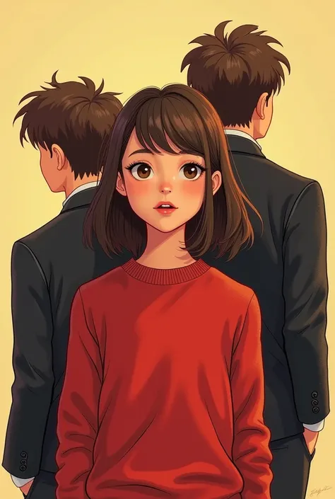 A brunette girl in a red sweater and waist-length hair, And two boys with their backs behind her, one wearing a formal suit in black and the other wearing a rocker leather jacket, that has the style of a romantic youth novel cover but that the style of the...