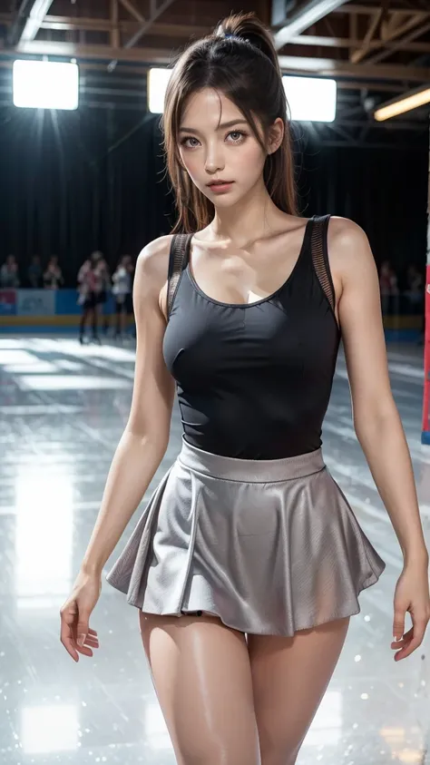 (8k, best quality:1.3), (extremely detailed:1.2), perfect anatomy, beautiful Japanese woman, 18 years old, healthy thighs, beautiful legs, beautiful skin, random hair color, random hairstyle, large breasts, (she is standing:1.2), female figure skater, figu...