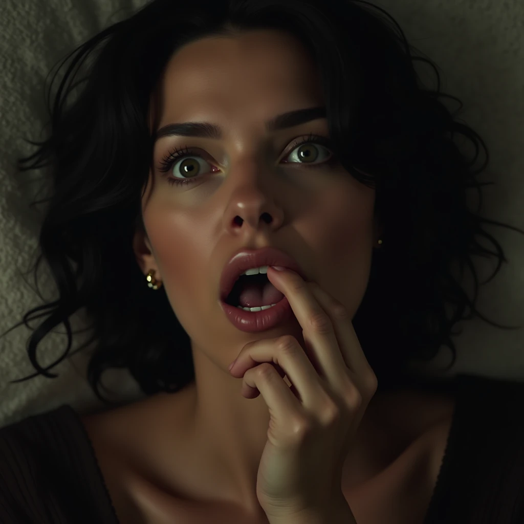 A high resolution photograph of a Scarlett Johansson, photo realistic, masterpiece, amazing quality, intricate details, professional lighting, solo, 1girl , face focus, black hair, detailed face, surprised face, fingers brushing her lips, white cum in mout...