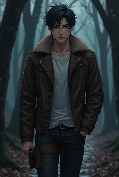 Anime white male with defined jaw line and dark black hunter eyes. He has a slim muscular build and has short black hair that is in his face, with a clean hairless face. He’s wearing a dark brown leather jacket with a fur collar, half zipped with a white s...