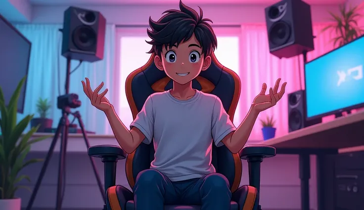 An Anime boy sitting confidently on a modern gaming chair in his YouTube studio.The anime is gesturing with his hands 