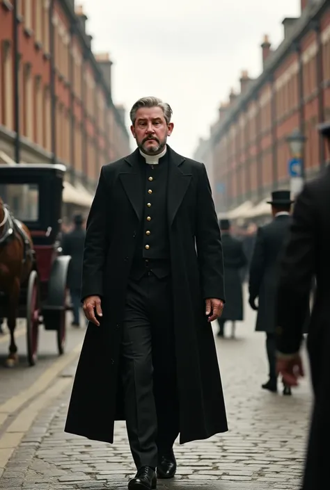 19th century British preacher living in London is walking down the street looking ahead 