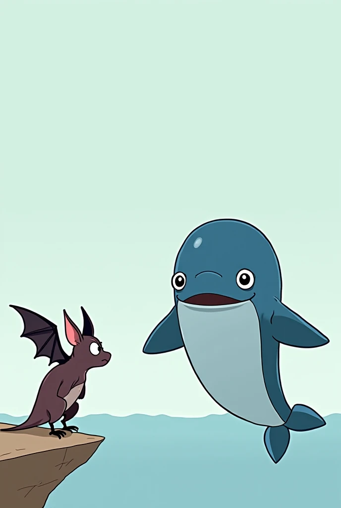 A meme of a bat looking at a whale suspiciously 