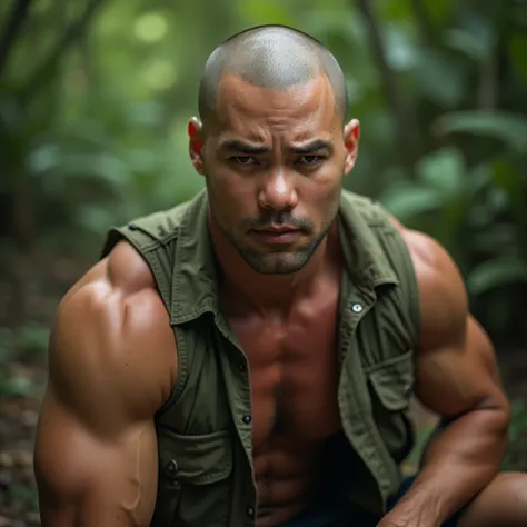  face close-up， A muscular bald young hunk，American-style inch ，Round Face，Wear an open military green vest and shorts，The background is a forest ，face lens，Side view，