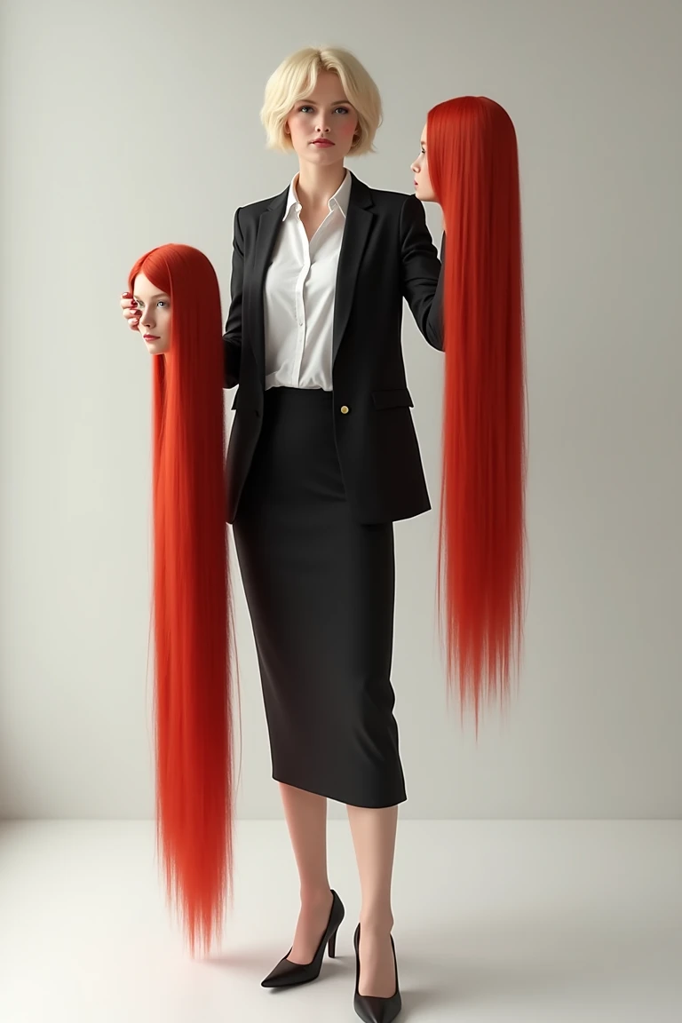 Blonde short hair woman wig white shirt with black blazer and black pencil skirt brown thigh black heals shoes holding long red wig