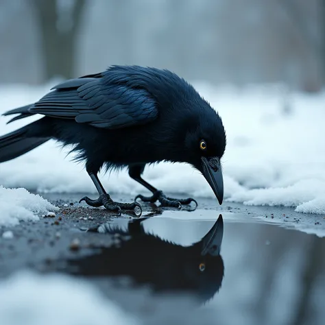 Create an image that showcases the essence of fantastic realism. The central figure is a strong baby crow, endowed with a robust physique and glossy black feathers. This young bird is curiously peering into a puddle of reflective melted snow. 