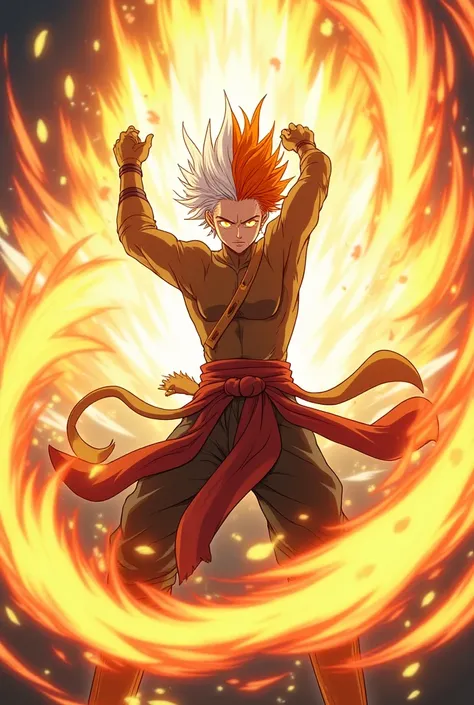 " Image of Rykar Hiryu in a battle pose dynamic ,  using the power of his Rising Dragon Leaf . He's in a position of action,  with their arms raised , liberando uma poderosa onda de  Fire and Wind  ao seu redor,  representing his protective spirit , Sythro...