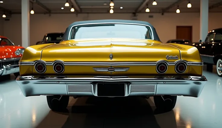 Create some high resolution competitive images of metallic yellow 1965 Chevy Impala SS 396 back view in showroom 