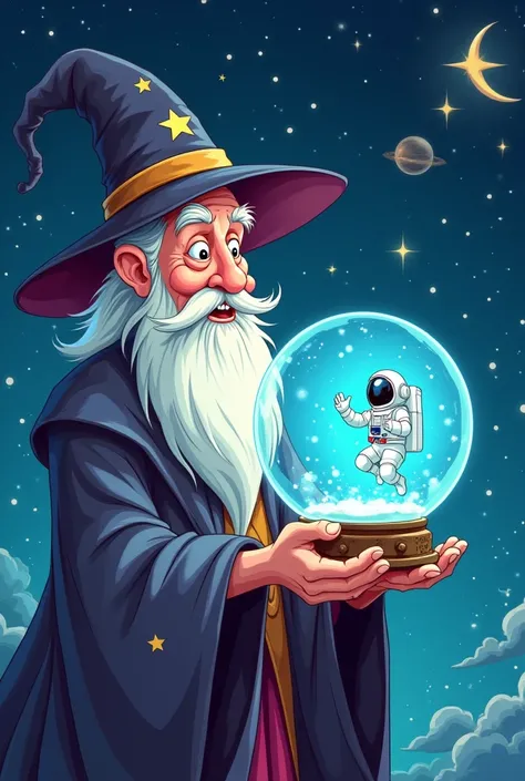 Cartoon of an old wizard based on Merlin holding a crystal ball with an astronaut inside floating in space 