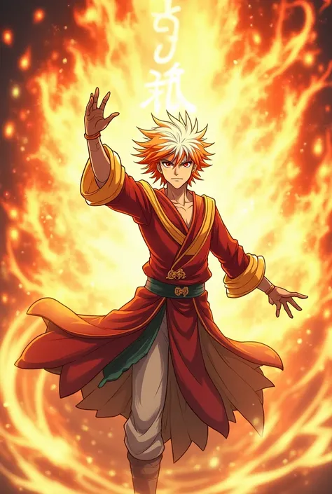 " Image of Rykar Hiryu in a battle pose dynamic ,  using the power of his Rising Dragon Leaf ,  anime style. He's in a position of action,  with their arms raised , liberando uma poderosa onda de  Fire and Wind  ao seu redor,  representing his protective s...