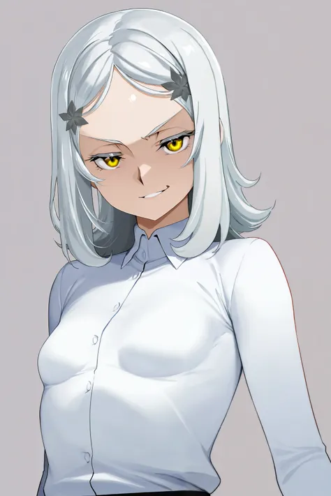 1 girl, yellow eyes, white hair, grey eyelashes, grey eyebows, white dress shirt, jean, small breasts, thick thights, mature female, smirk, tall, shiny skin, medium hair, looking at viewer, innovators (gundam 00)