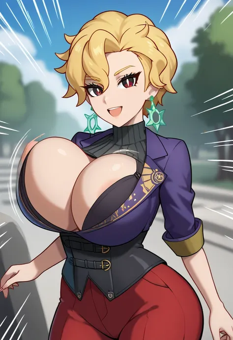 score_9, score_8_up, score_7_up, source_anime, solo, 1girl,briar, expressionless, looking at viewer, standing, blonde hair, purple jacket, corset, black sweater, turtleneck, red pants, earrings, outdoors,smile,open mouth,big breasts,big butt,( bursting bre...