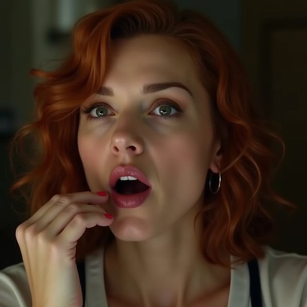 A high resolution photograph of a Scarlett Johansson, photo realistic, masterpiece, amazing quality, intricate details, professional lighting, solo, 1girl , face focus, red hair, detailed face, surprised face, fingers brushing her lips, white semen cum in ...