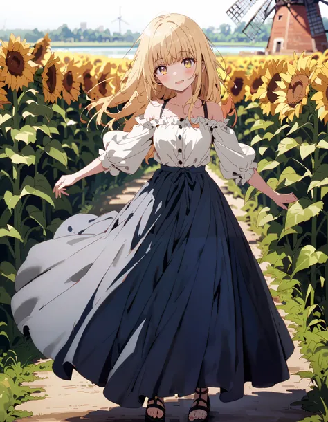 It&#39;s so dizzying, Mahiru Shiina, bangs,   blonde hair,  Hair,  yellow eyes,smile,blush, open their mouths, half up, straw hat,Medium breast, Off Shoulder Dress, long skirt , Heeled Sandals, standing,whole bodyがイラストに入るように,
break looking at viewer,whole ...