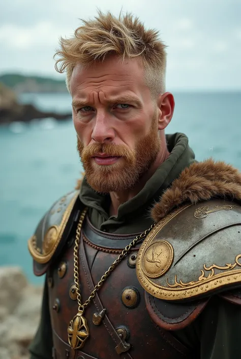 Handsome 25-year-old white man ,  blond short hair with small curls on top , His shaved blonde beard . He is muscular like a warrior, his eyes are green and serious, he wears a medieval war vest with gold armbands behind him, a landscape of the sea.
