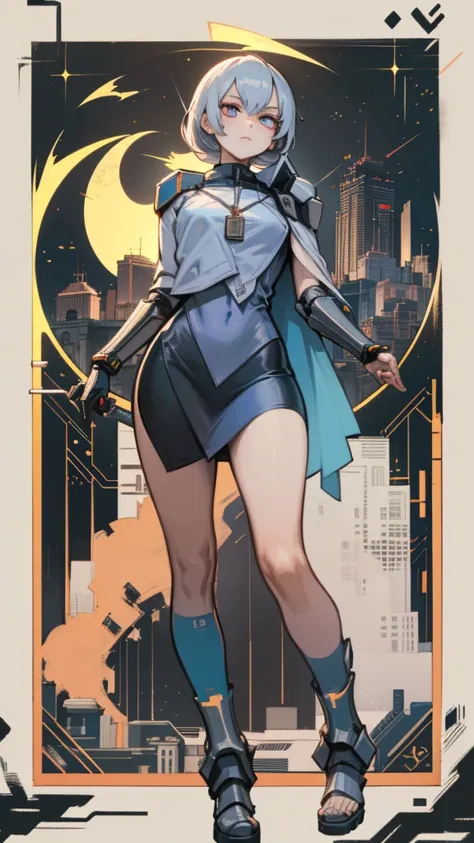 Cinderella stands as a bold and futuristic anime heroine in a shimmering cyberpunk warrior fusion suit. The suit is a stunning blend of metallic silver and sky blue, with glowing glass-like armor pieces on her shoulders, arms, and boots, evoking the feel o...