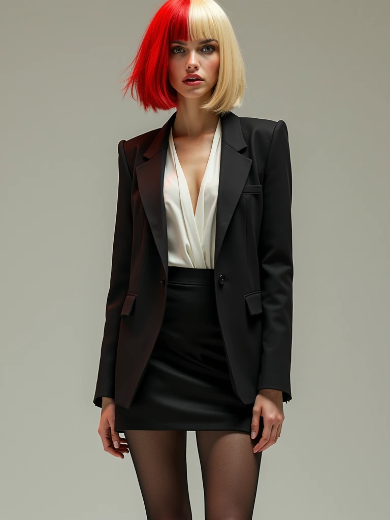 Short Blonde hair woman wearing long red wig white shirt with black blazer and black pencil skirt brown thigh black heals shoes 