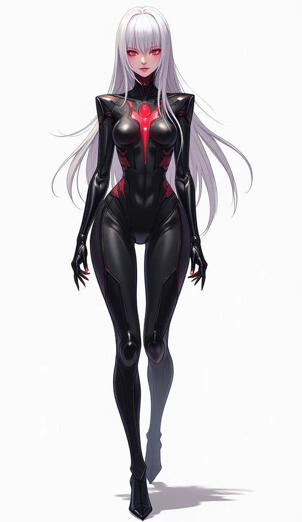 AI woman in a cyberpunk suit, very tall, with thick thighs, wide hips, long legs, and a slender waist. Dark red glowing eyes, long flowing white hair. Nothing in her hand. Alluring, looking directly at the camera. Giant ultrafast dichroism and birefringenc...