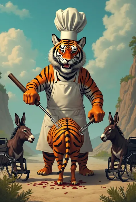 A tiger grills a donkey's butt and gifts wheelchairs to two donkeys for humans.