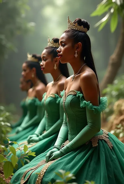 Several women cosplaying Princess Tiana with long gloves kneeling in front