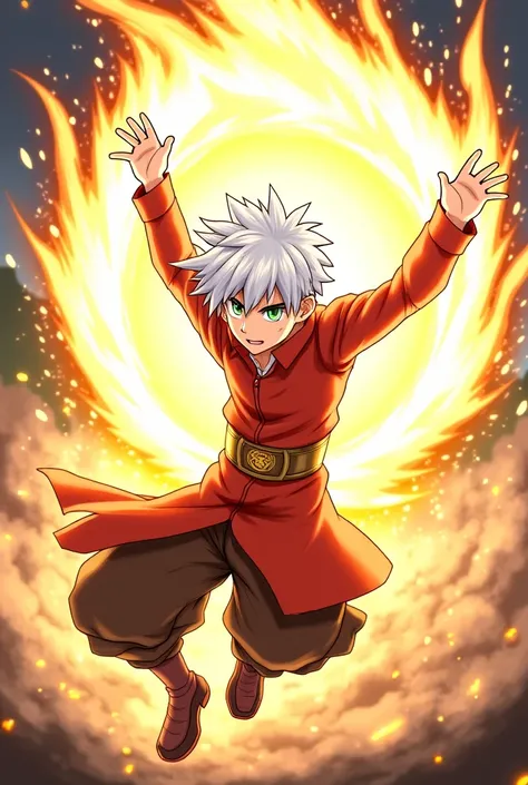  Image of Rykar Hiryu in a dynamic pose ,  using his power of the Rising Dragon Leaf . He's in a position of action,  with their arms raised ,  and a powerful wave of flames and wind forms around you ,  representing the spirit of the dragon , Sythros .  Hi...