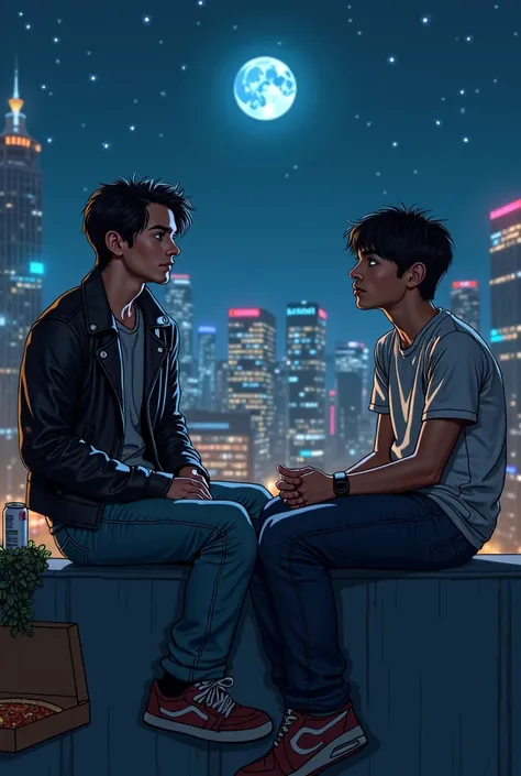  Imagine a night scene in a vibrant city ,  with bright lights that illuminate the streets . In the foreground, Reece  y Elykai están sentados en el borde de un tejado,  with legs hanging . Reece , with a casual style,  wearing a leather jacket and a misch...