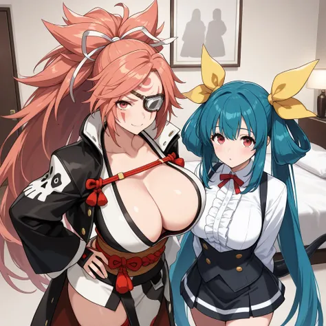 (​masterpiece, top-quality, hight resolution, Unity 8k, extremely details CG:1,Best Picture), ((2girls)), Dizzy guilty gear, Baiken - Guilty Gear, red eyes, blue hair, long hair, hair ribbon, tail,  hotel room, new condom, Two prostitutes welcoming a custo...