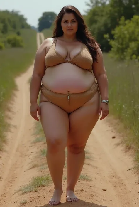 a woman with a big ass standing on a dirt road, thicc, wide hips, widest hips, she has a jiggly fat round belly, large thighs, insanely inflated hips, skinny waist and thick hips, round thighs, thick thighs, thick body, thick thigs, thick legs, exposed thi...