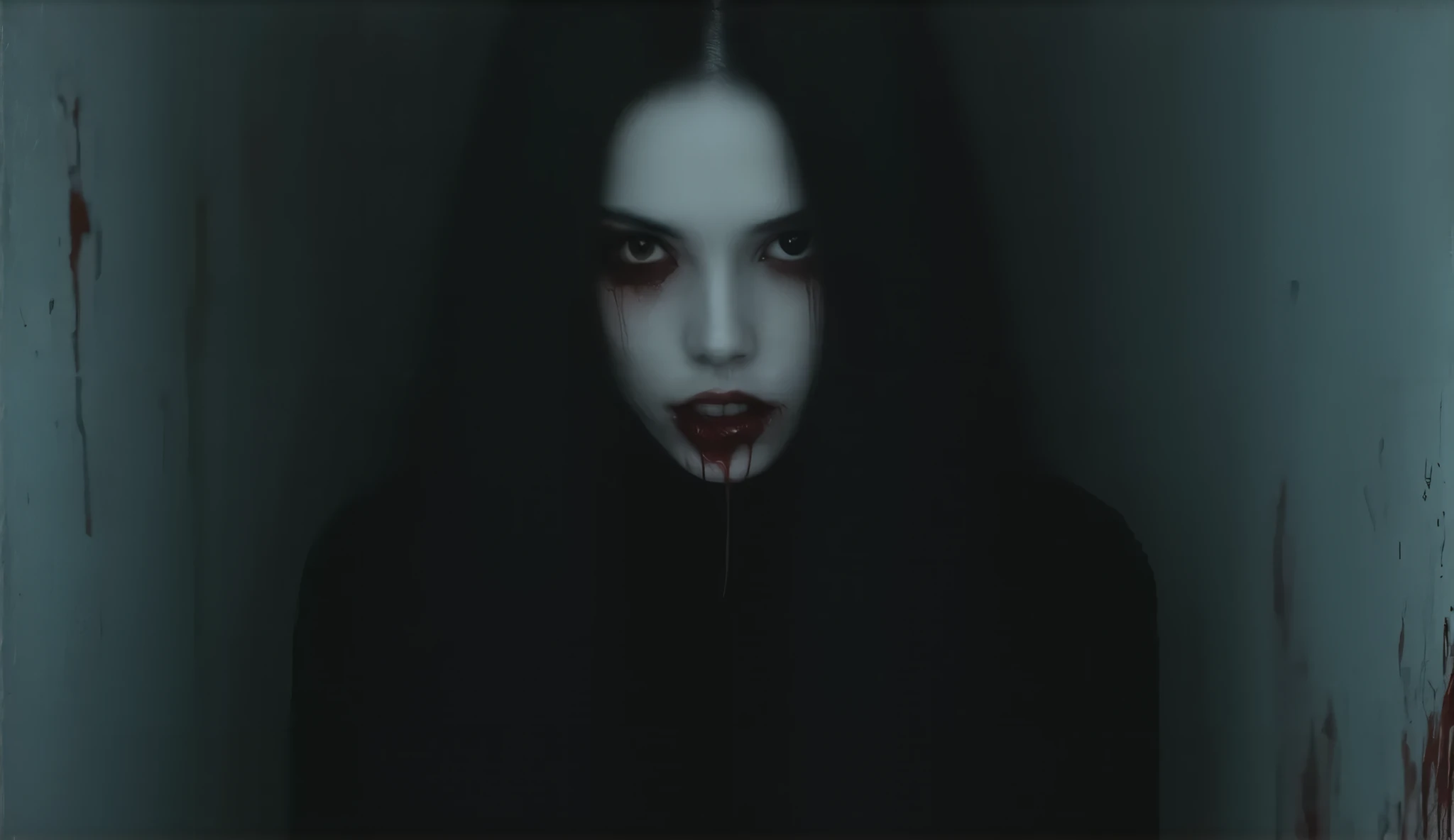 Vampire girl, beautiful face, long black hair, horror, blood, dark surreal, dark alley background, high detail, masterpiece.