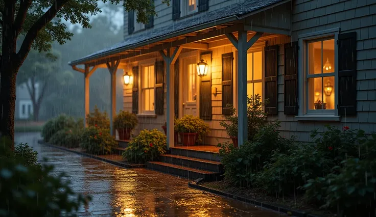 A highly realistic and photorealistic image, centered on the front porch of a house. With a rainy atmosphere. The focus is on the highly detailed exterior: the leaves visible on the trees, the subtle reflections in the puddles on the ground. The rain itsel...