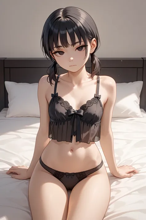 cute girl, asian beauty, (solo), (1girl), (alone), black panties, bow panties, chemise, wide hips, narrow waist, small perky breasts, cute navel, skinny body, black hair, asian, short twintails, low twintails, black eyes, (pale skin), looking up at viewer,...