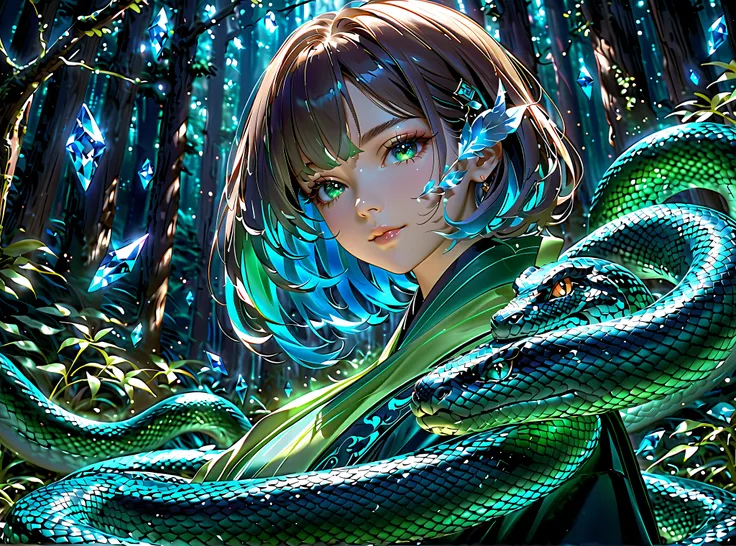 A mystical and artistic depiction of Uga-jin, featuring a Japanese woman's face on a snake's body, symbolizing prosperity and vitality. The image captures the ethereal glow of crystals, with a color palette of translucent blues and greens to emphasize the ...