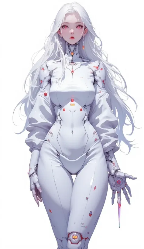 AI woman with cyberbody, very tall, with thick thighs, wide hips, long legs, and a slender waist. Dark red glowing eyes, long flowing white hair. Nothing in her hand. Alluring, looking directly at the camera. Giant ultrafast dichroism and birefringence wit...