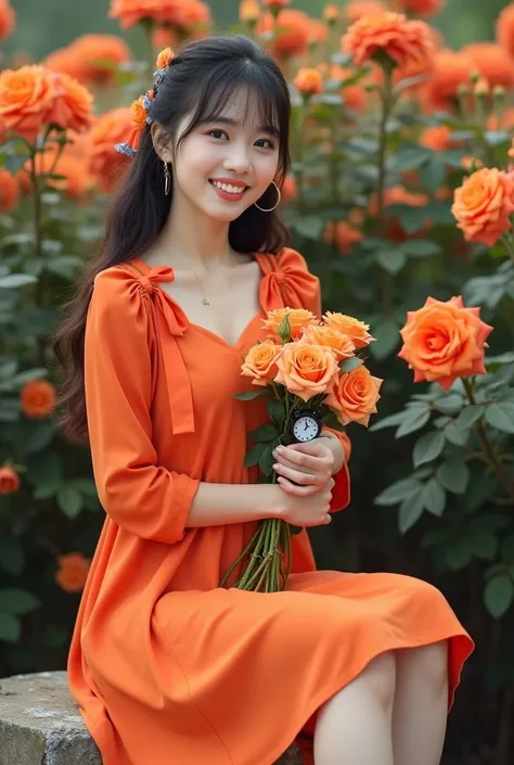  beautiful indonesian woman , Smooth White Skin ,  well-groomed face,Top bang hair ,  with Korean bangs , , wearing a knee-length orange dress , left and right sleeves with beautiful bows , ,Holding a bouquet of orange roses , ,black clock,  white shoes , ...