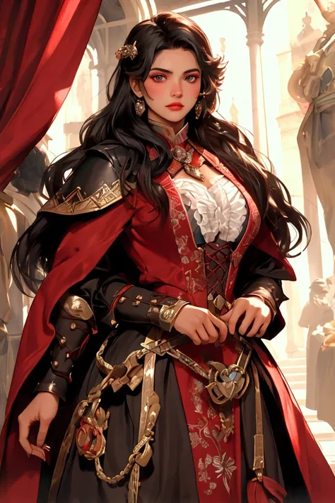  Rosalinda Araon is a Latin girl , with ruby eyes ,  dark black hair ,  dressed as a musketeer and a young age 