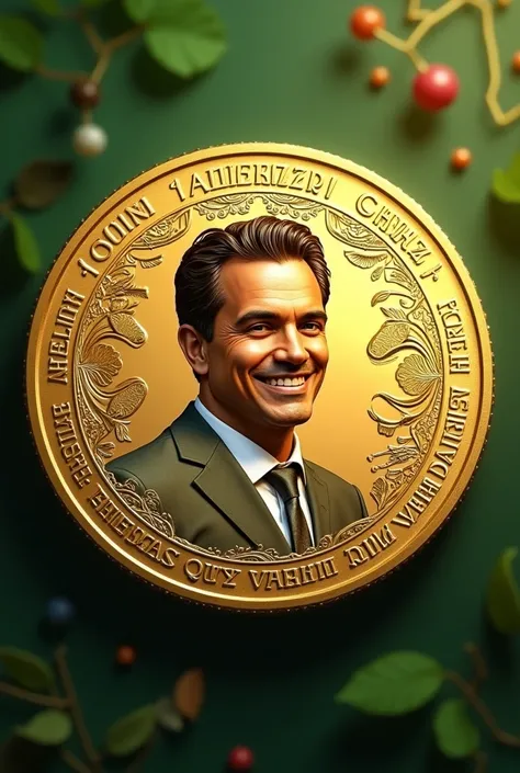 A detailed digital rendering of a cryptocurrency coin featuring the face of a charismatic politician resembling Helder Barbalho. The coin is golden with intricate engravings inspired by Amazonian culture, such as tropical leaves and river patterns, forming...