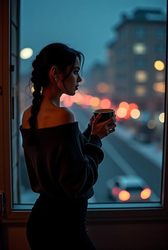 cinematic soviet poster Style scene, featuring a night scene with citylights at a cold night with a stunning  woman with black hair in a dutch Braid, wearing a off shoulder sweater and black panties, she is standing near a Window, drinking a coffee 