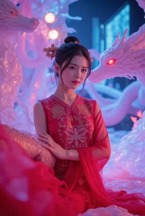 Visual sinematic Beautiful princes chinese douyin wearing red oriental chinese amor dress , fantasy light neon fell fell atmosphere with sureal dragons beautiful red aura pose chinese newyears