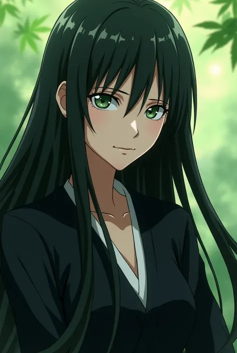 Create a long-haired black-haired shinigami with bangs, greyish green eyes in the style of the anime Bleach. Her bankai is a Katana whose spiritual element is Tsukuyomi and her spiritual pressure is green because of her connection with nature.